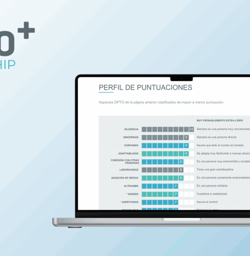 A laptop screen displays a leadership assessment score profile with various traits ranked numerically. The "OPTO+ LEADERSHIP" logo is positioned in the top left corner, and the background is a gradient blue.