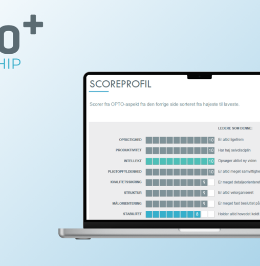 A laptop screen displays a leadership assessment score profile with various traits ranked numerically. The "OPTO+ LEADERSHIP" logo is positioned in the top left corner, and the background is a gradient blue.